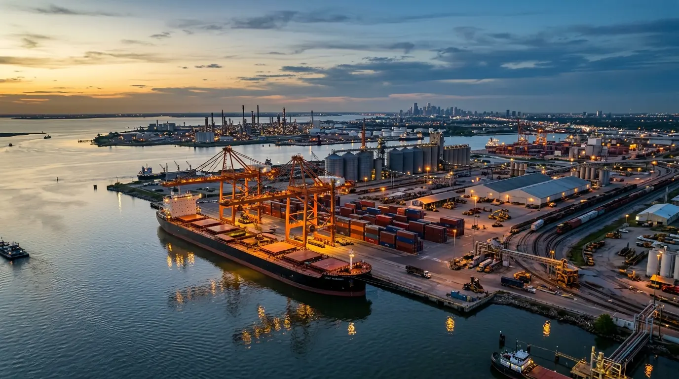 Bulk cargo ship docked at a Gulf Coast port terminal at dusk